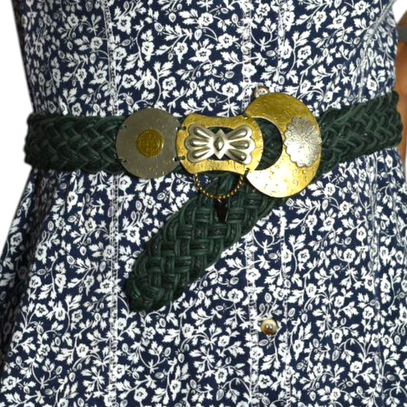 Baer SF Braided Belt Green Waxed Embellished Mixed Metals Discs Artsy Handmade - Picture 9 of 16